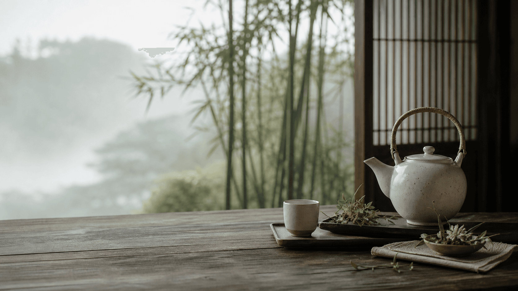 竹林晨雾中的茶席